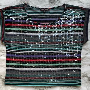 Almost Famous Sequins Layered Cropped Striped Short Sleeve Shirt Womens Size L